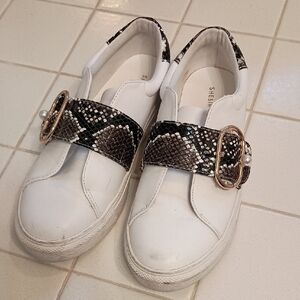 Shein White Sneakers with Snake Print and Gold Buckle